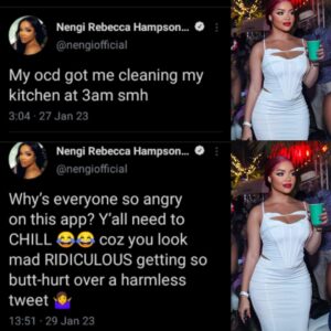 Reality tv star, actress and brand influencer, Nengi Rebecca Hampson is currently being dragged following her tweet on Obsessive compulsive disorder, OCD.