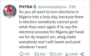 Reality TV star and actress, Ijeoma Josephina Otabor popularly known as Phyna is currently been dragged following her tweet about the 2023 state elections