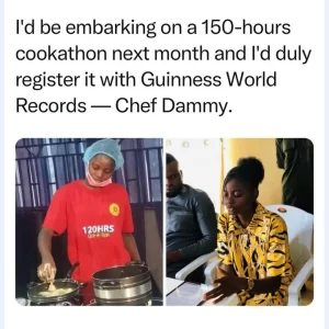 "I'd Be Embarking On A 150 Hours Cook-a-thon Next Month & Register With GWR"- Chef Dammy Reveals New Plans To Break Hilda Baci's Record, Read Her Full Statement https://www.momedia.ng/2023/06/17/id-be-embarking-on-a-150-hours-cook-a-thon-next-month-register-with-gwr-chef-dammy-reveals-new-plans-to-break-hilda-bacis-record-read-her-full-statement/