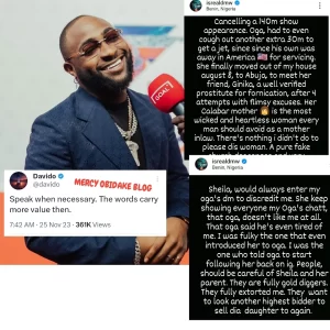 Davido Reacts/Tweets, After Israel DMW & Wife Dragged Each Other Online, Unfollows Sheila (DETAILS)