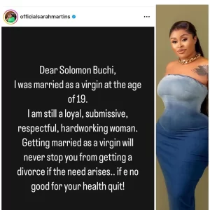 "Being A Virgin Does Not Determine A Happy Ending. I Was Married As A Virgin, I Still Got Divorced"- Actress Sarah Martins Reacts To Solomon Buchi's Statement About Virgins (DETAIL)
