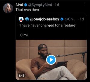 Simi's Response To A Fan Who Posted That She Doesn't Charge For Features [DETAIL]