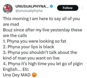 " Una Dey M@d" - Phyna slams her fans criticising her for recent live video (DETAILS)