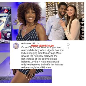 Your Son Should Get A Second Wife From Naija, It Is Unwise Letting Him Marry A White-lady"- Fan Advices Omoni Oboli