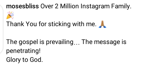 "The Gospel Is Prevailing" – Gospel Singer, Moses Bliss Writes As He Celebrates Surpassing 2 Million Followers On Social Media (DETAILS)