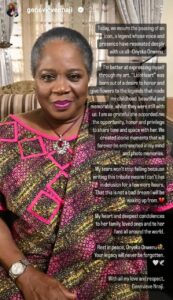 "My tears wont stop falling because writing this tribute means i can't live in delusion for a few more hours...."- Actress Genevieve Nnaji Pens Heartfelt Tribute To Onyeka Onwenu