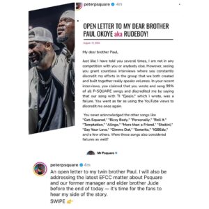 “What do you truly gain by constantly disrespecting and belittling me all the time. You have disrespected my wife......"- Peter Okoye writes an open letter to his twin Paul Okoye