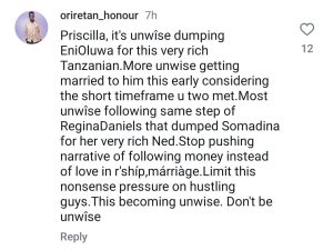 "It's unwise dumping Enioluwa for this very rich Tanzanian, Stop following Regina Daniels Step"- Mr Unwise advices Priscilla Ojo 