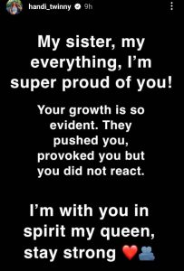 "Your Growth Is So Evident, I'm Super Proud Of You"- Handi Praises Her Twin, Wanni After Last Night Prov0cation From DRC (DETAIL)