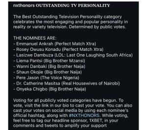 BBNaija Stars Wanni, Shaun, Onyeka, and BBMzansi’s Liema Nominated for Outstanding TV Personality of 2024