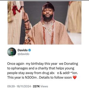 Davido To Donate N300 Million to Fight Drug Abuse and Support Orphanages on His Birthday