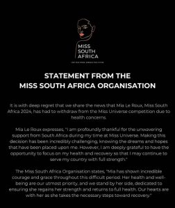 Miss South Africa 2024, Mia Le Roux, Withdraws from Miss Universe, Releases Official Statement (DETAIL)